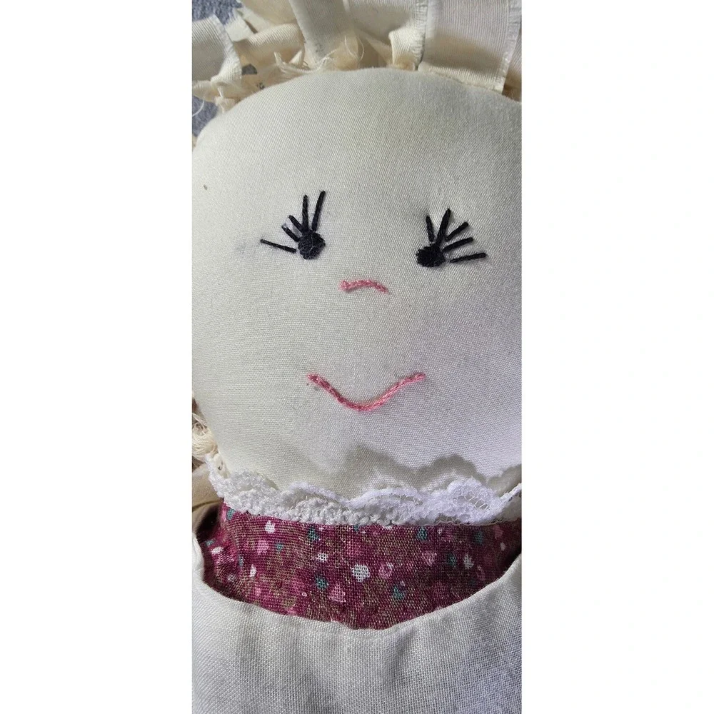 Handmade Primitive Rag Doll Burgundy Floral Dress White Eyelet Apron 21 Inch